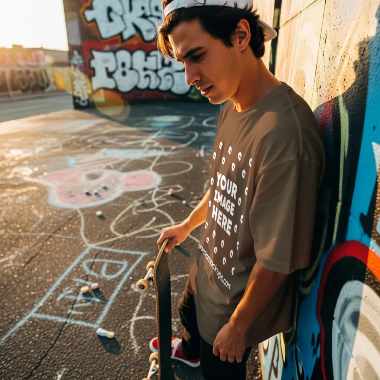 Man Wearing Brown T-shirt Mockup Front View Template