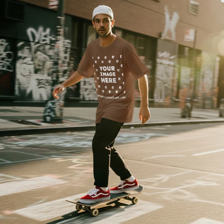 Man Wearing Brown T-shirt Mockup Front View Template