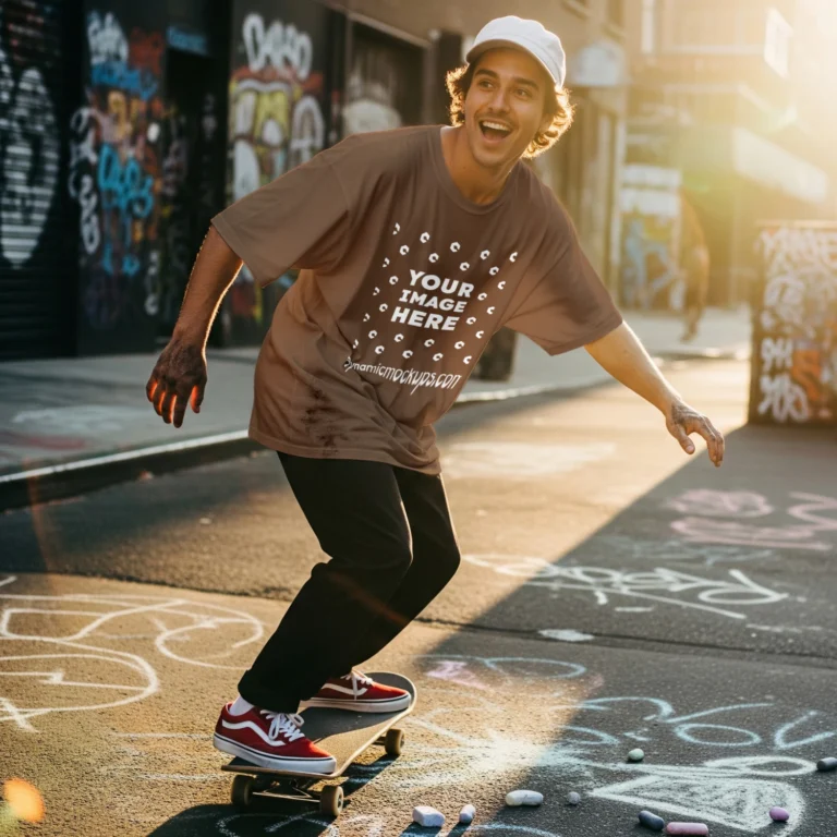 Man Wearing Brown T-shirt Mockup Front View Template