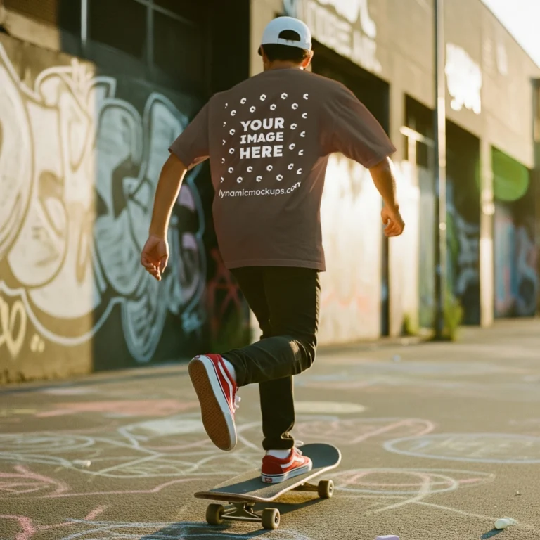 Man Wearing Brown T-shirt Mockup Back View Template