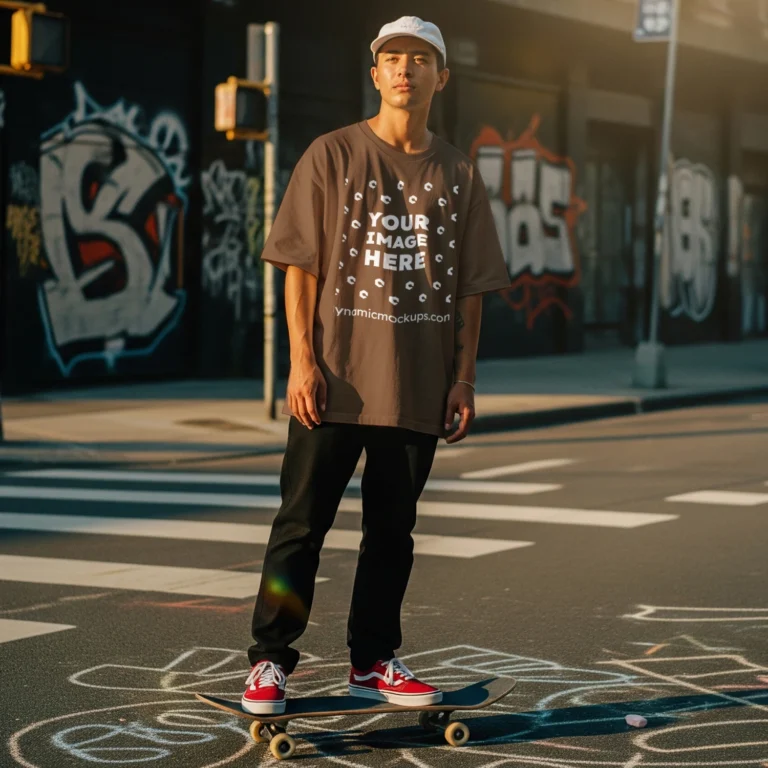 Man Wearing Brown T-shirt Mockup Front View Template