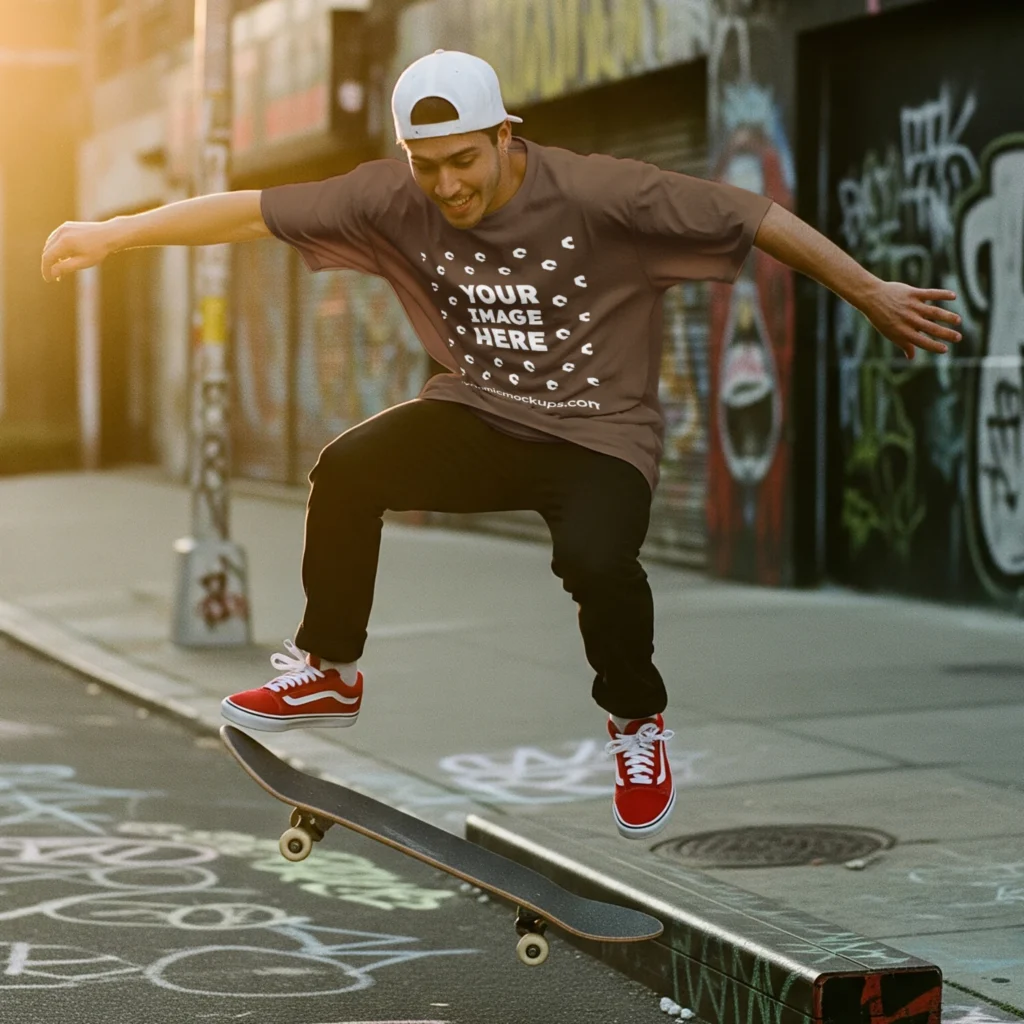 Man Wearing Brown T-shirt Mockup Front View Template