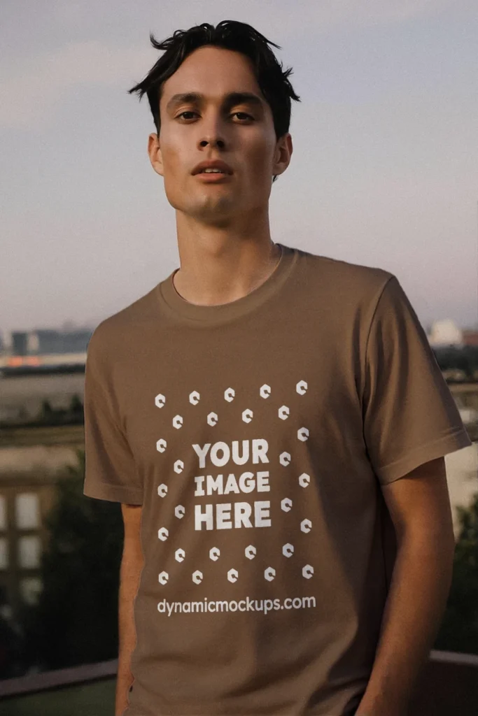 Man Wearing Brown T-shirt Mockup Front View Template