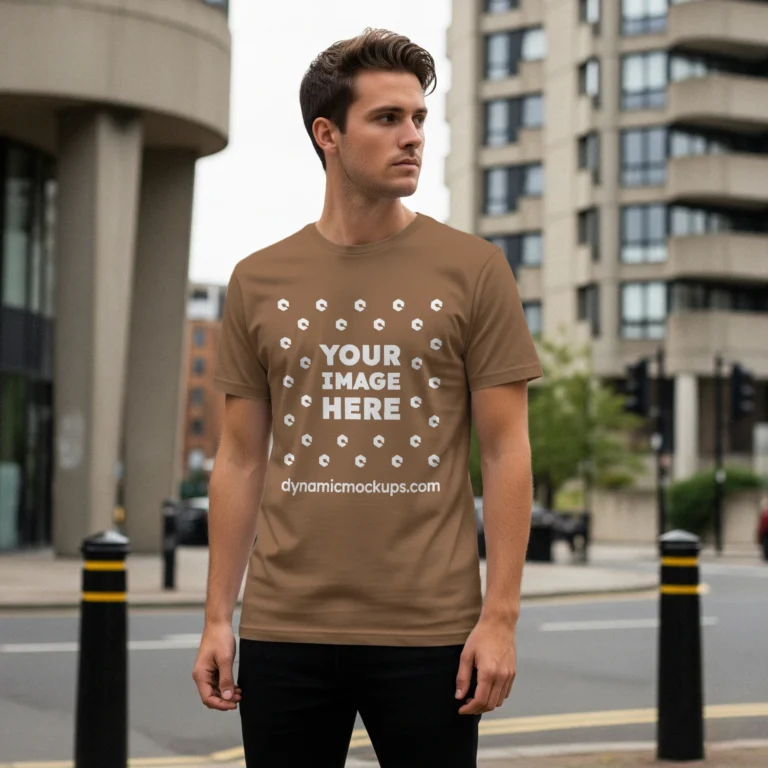 Man Wearing Brown T-shirt Mockup Front View Template