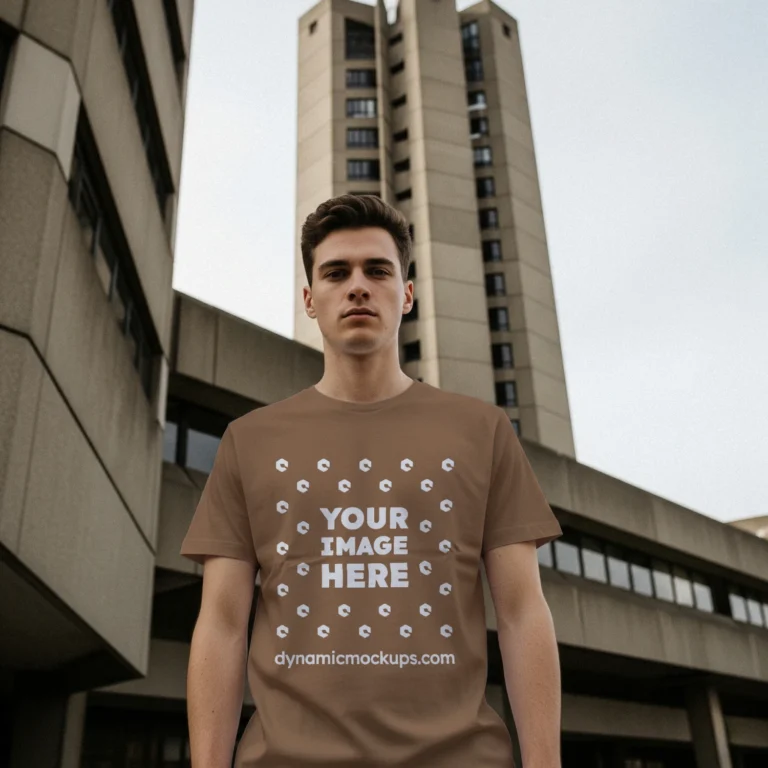 Man Wearing Brown T-shirt Mockup Front View Template