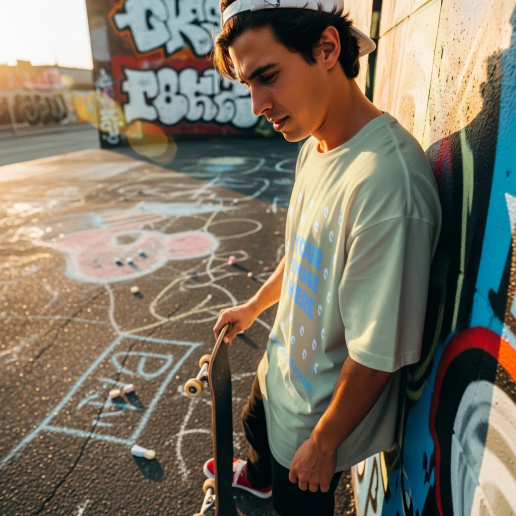 Man Wearing Cream T-shirt Mockup Front View Template