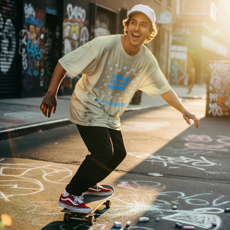 Man Wearing Cream T-shirt Mockup Front View Template