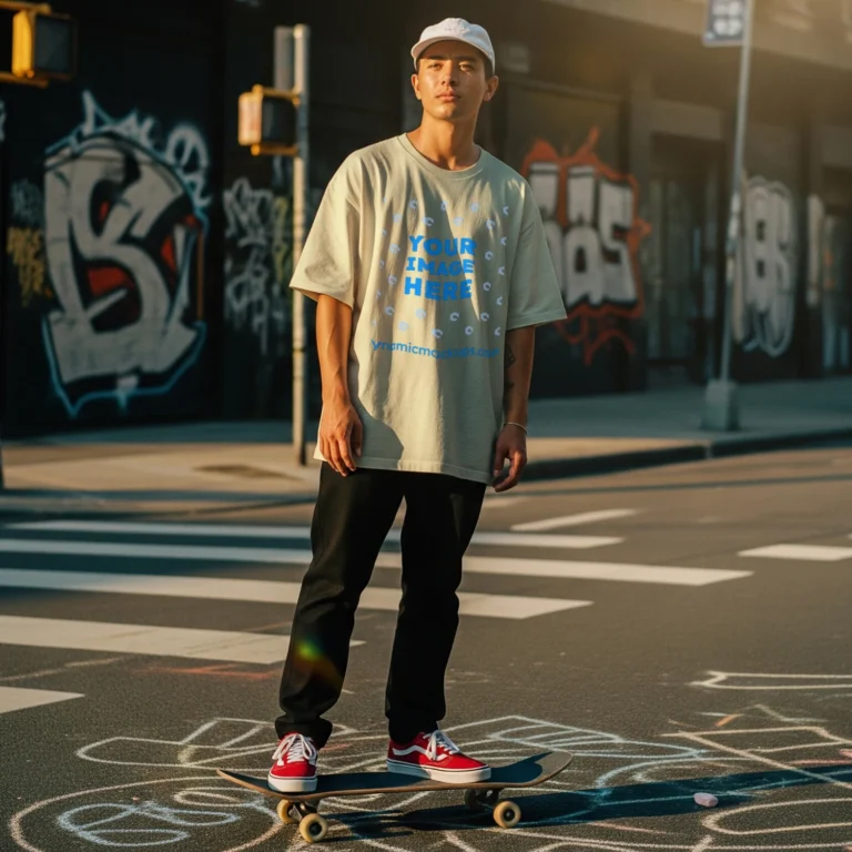 Man Wearing Cream T-shirt Mockup Front View Template