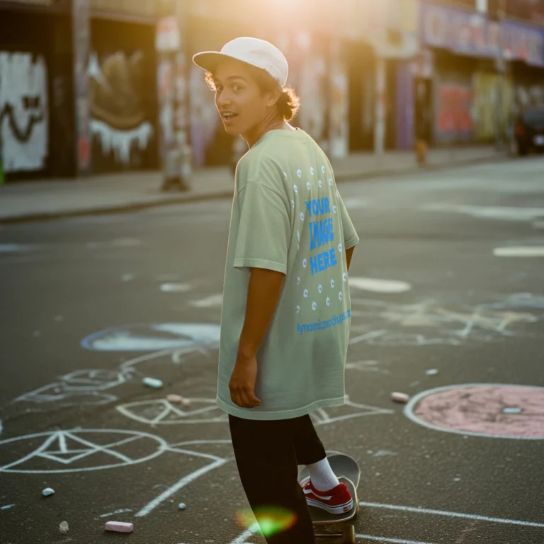Man Wearing Cream T-shirt Mockup Back View Template