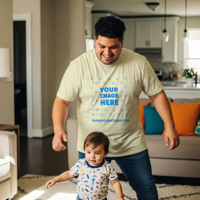 Man Wearing Cream T-shirt Mockup Front View Template