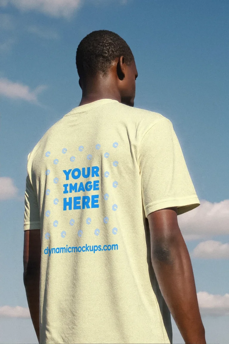 Man Wearing Cream T-shirt Mockup Back View Template