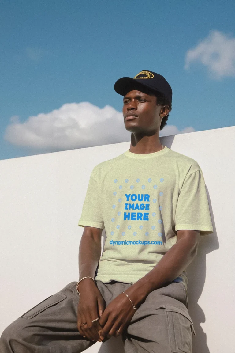 Man Wearing Cream T-shirt Mockup Front View Template