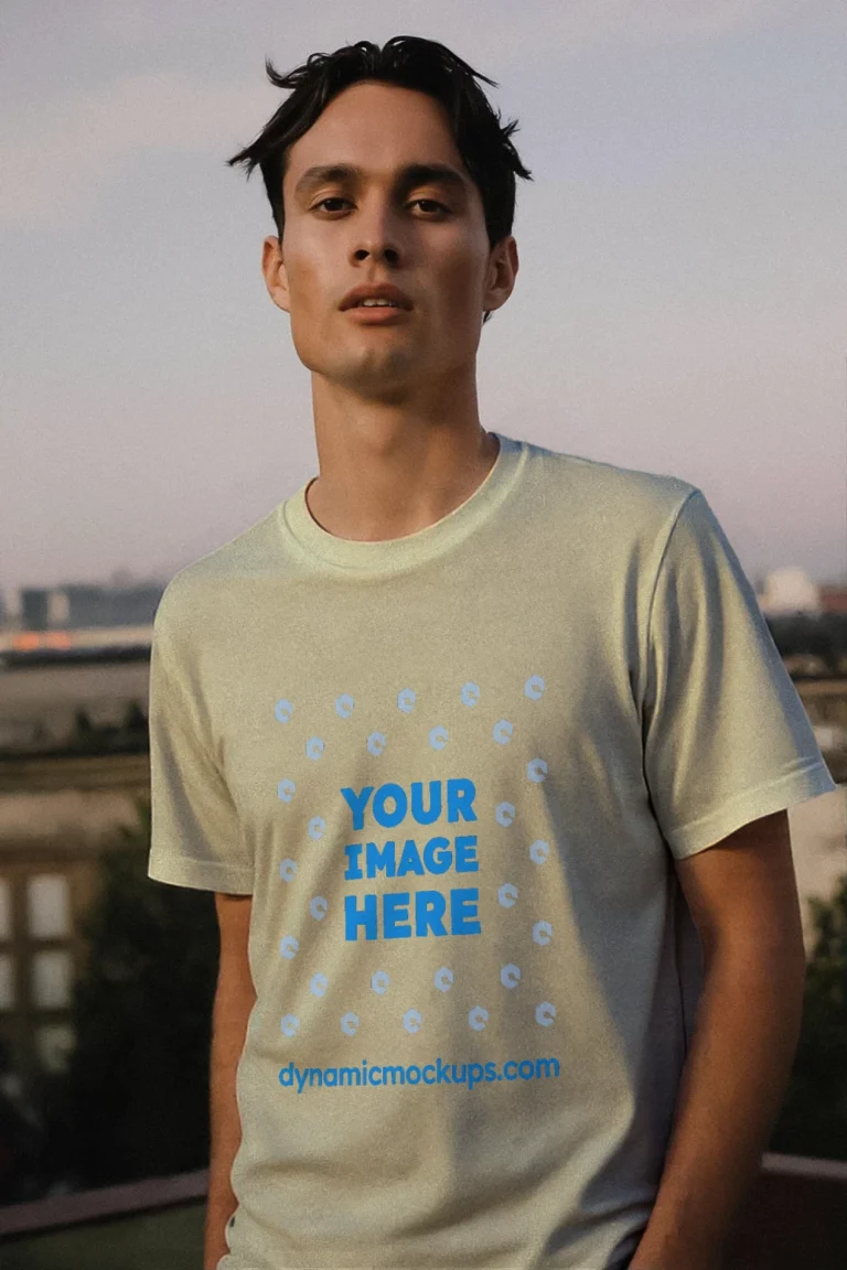 Man Wearing Cream T-shirt Mockup Front View Template