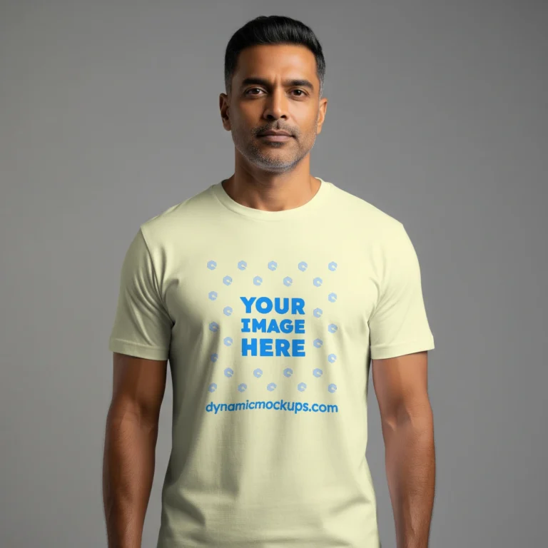Man Wearing Cream T-shirt Mockup Front View Template