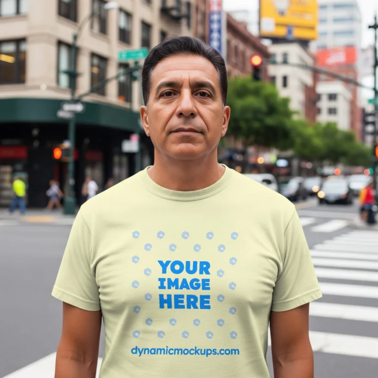 Man Wearing Cream T-shirt Mockup Front View Template