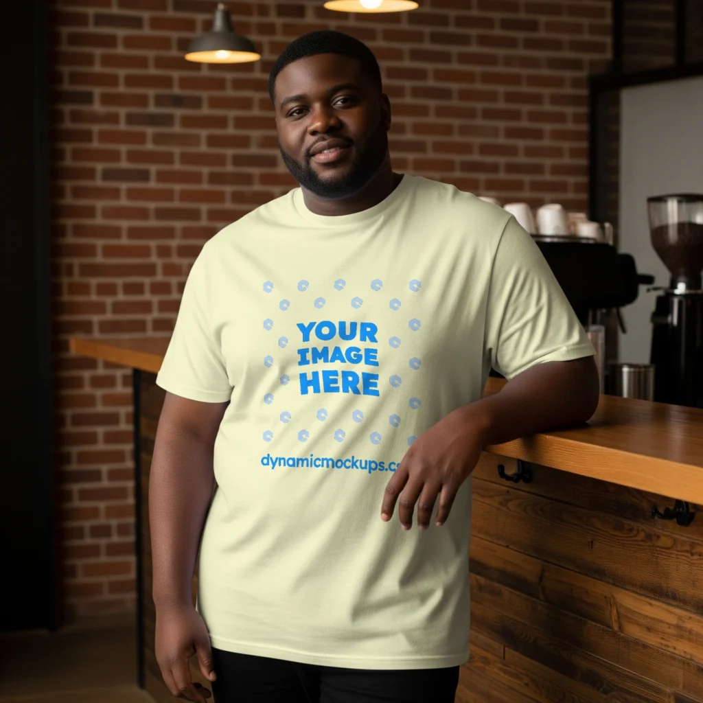Man Wearing Cream T-shirt Mockup Front View Template