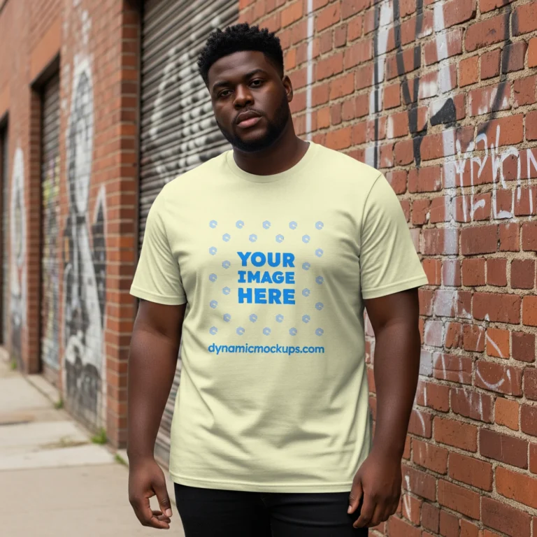 Man Wearing Cream T-shirt Mockup Front View Template