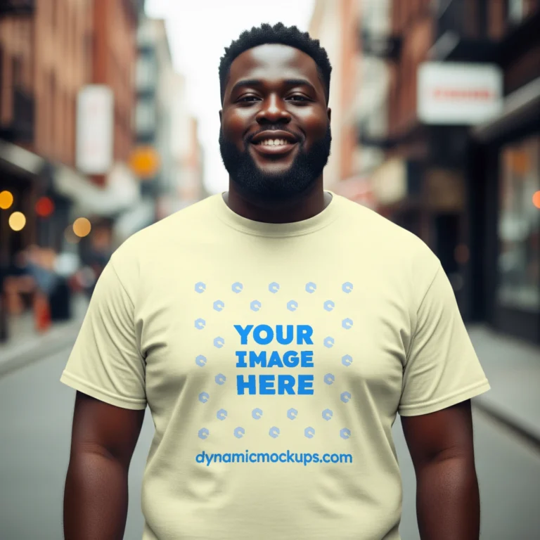 Man Wearing Cream T-shirt Mockup Front View Template