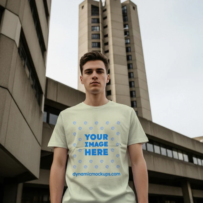 Man Wearing Cream T-shirt Mockup Front View Template