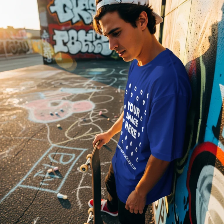 Man Wearing Dark Blue T-shirt Mockup Front View Template