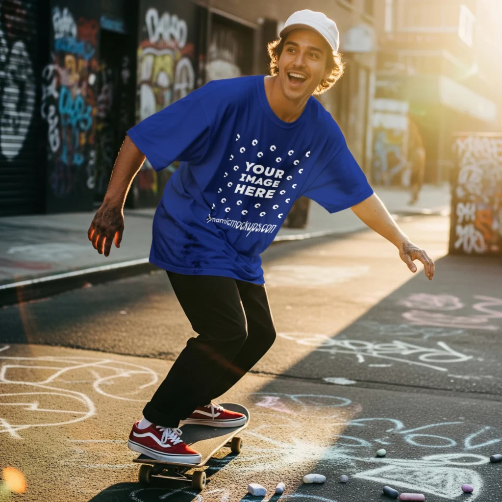 Man Wearing Dark Blue T-shirt Mockup Front View Template