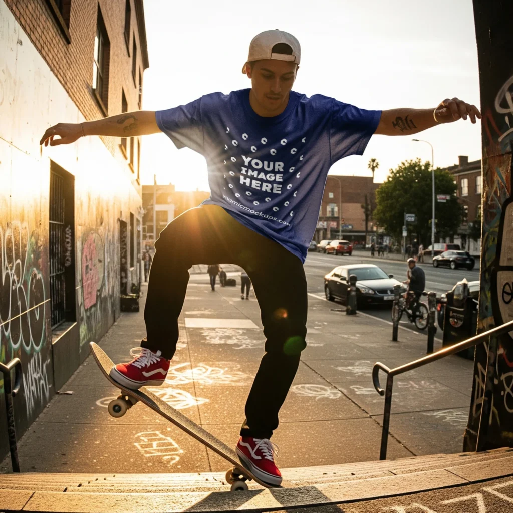 Man Wearing Dark Blue T-shirt Mockup Front View Template