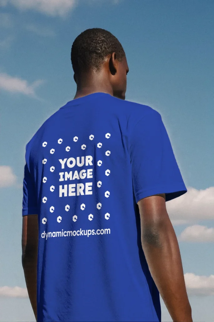 Man Wearing Dark Blue T-shirt Mockup Back View Template