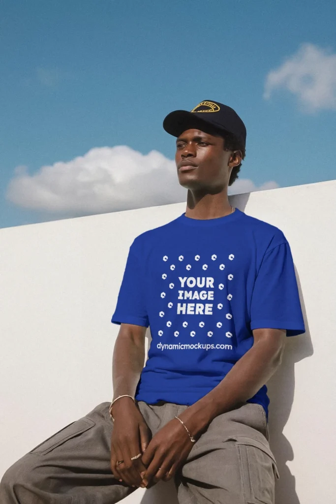 Man Wearing Dark Blue T-shirt Mockup Front View Template