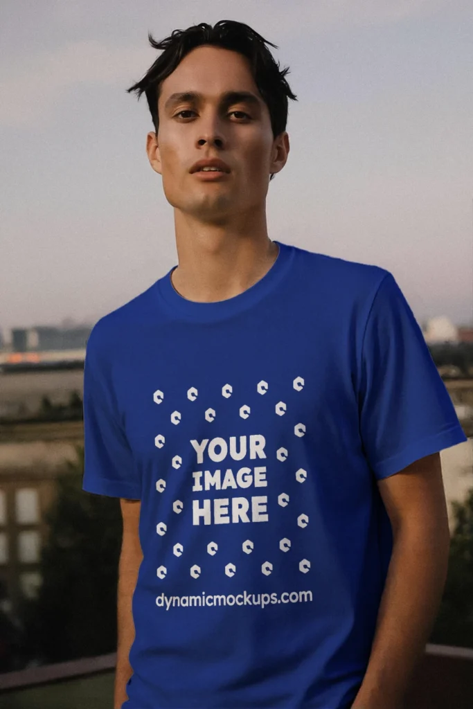 Man Wearing Dark Blue T-shirt Mockup Front View Template