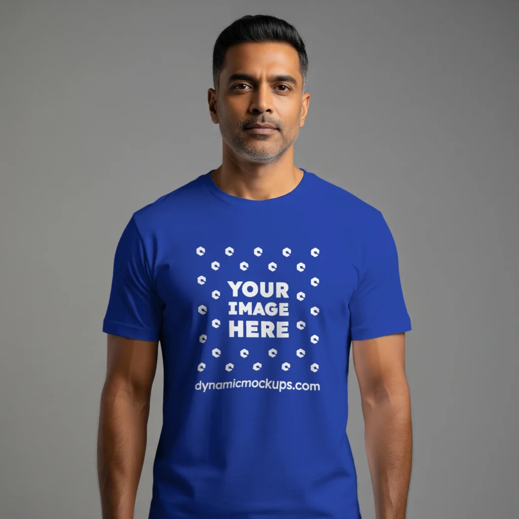 Man Wearing Dark Blue T-shirt Mockup Front View Template