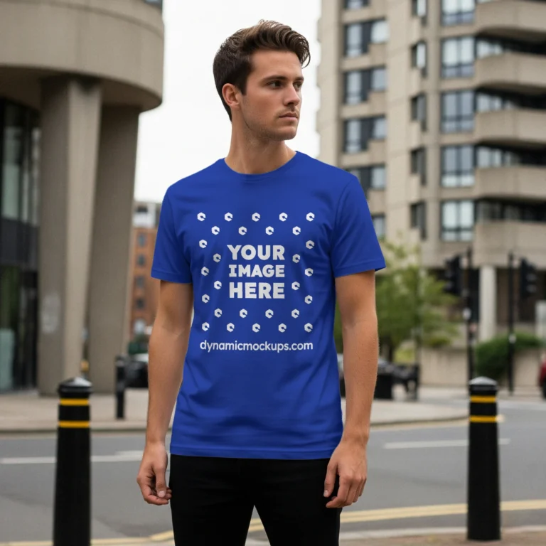 Man Wearing Dark Blue T-shirt Mockup Front View Template