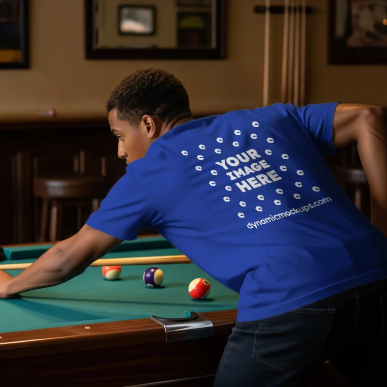 Man Wearing Dark Blue T-shirt Mockup Back View Template