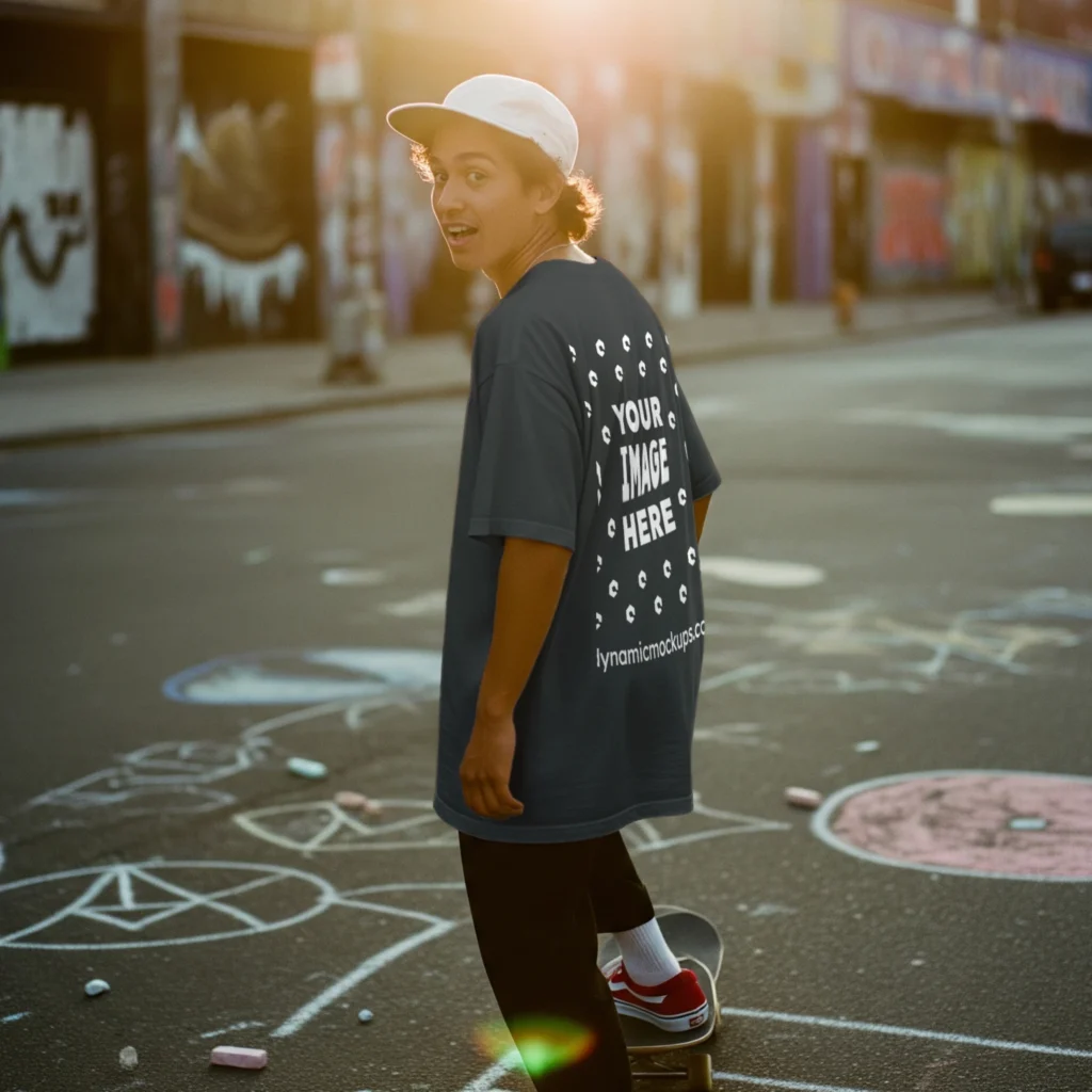 Man Wearing Dark Gray T-shirt Mockup Back View Template