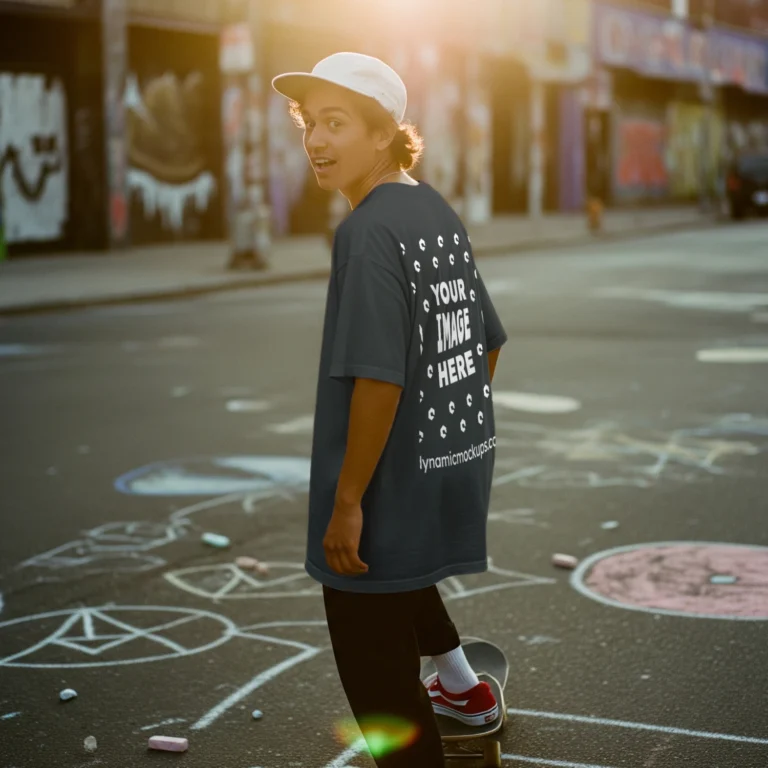 Man Wearing Dark Gray T-shirt Mockup Back View Template