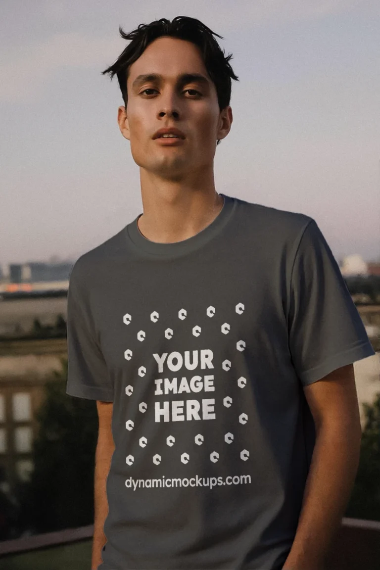 Man Wearing Dark Gray T-shirt Mockup Front View Template