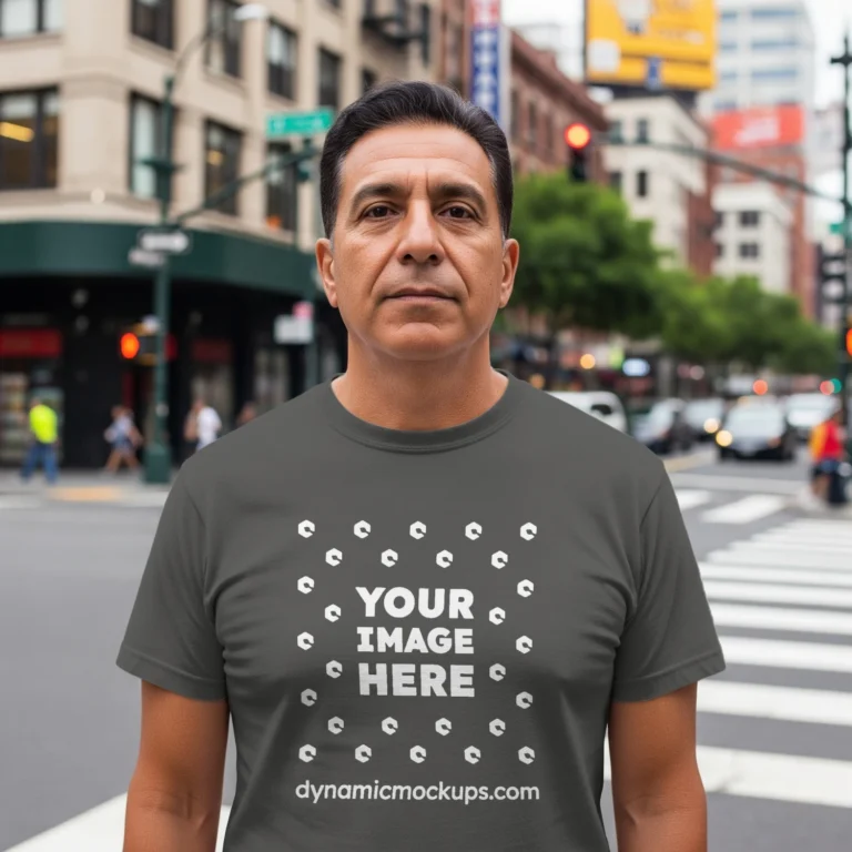 Man Wearing Dark Gray T-shirt Mockup Front View Template