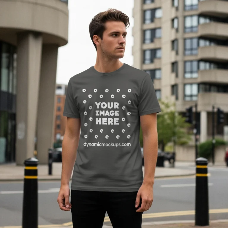 Man Wearing Dark Gray T-shirt Mockup Front View Template