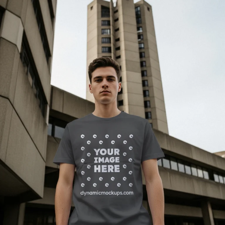 Man Wearing Dark Gray T-shirt Mockup Front View Template