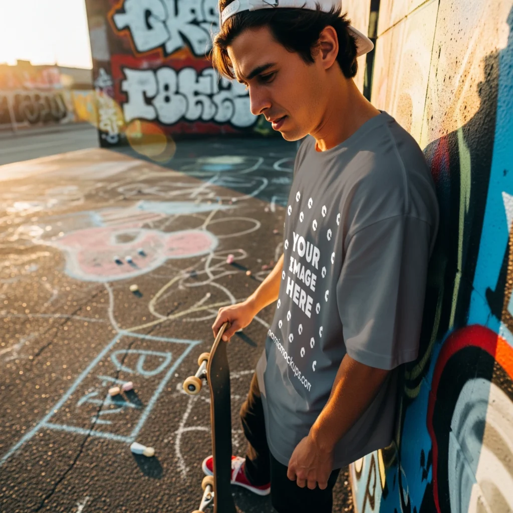 Man Wearing Gray T-shirt Mockup Front View Template