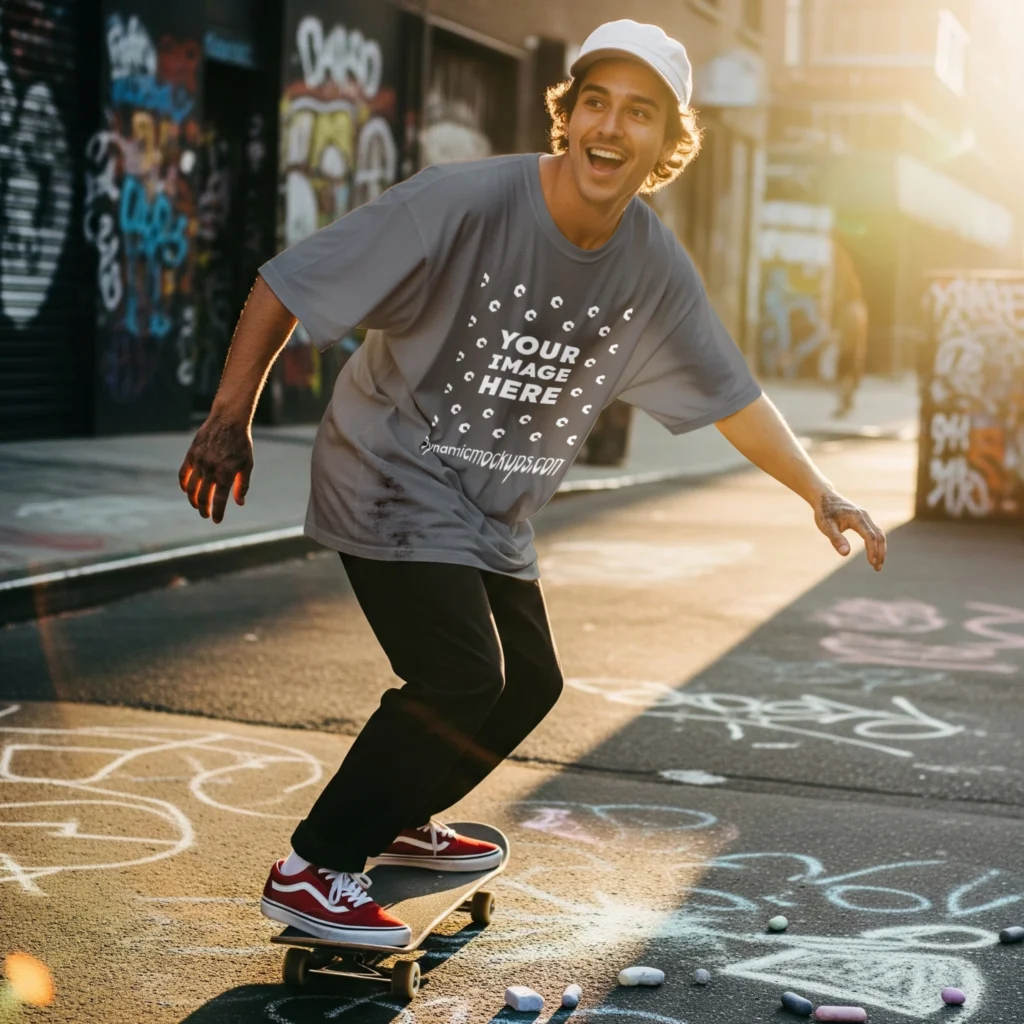Man Wearing Gray T-shirt Mockup Front View Template
