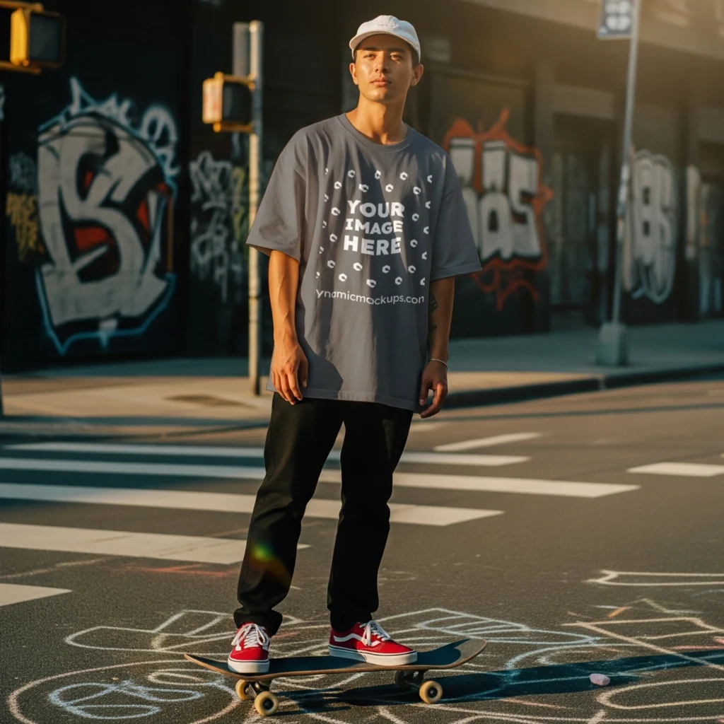 Man Wearing Gray T-shirt Mockup Front View Template