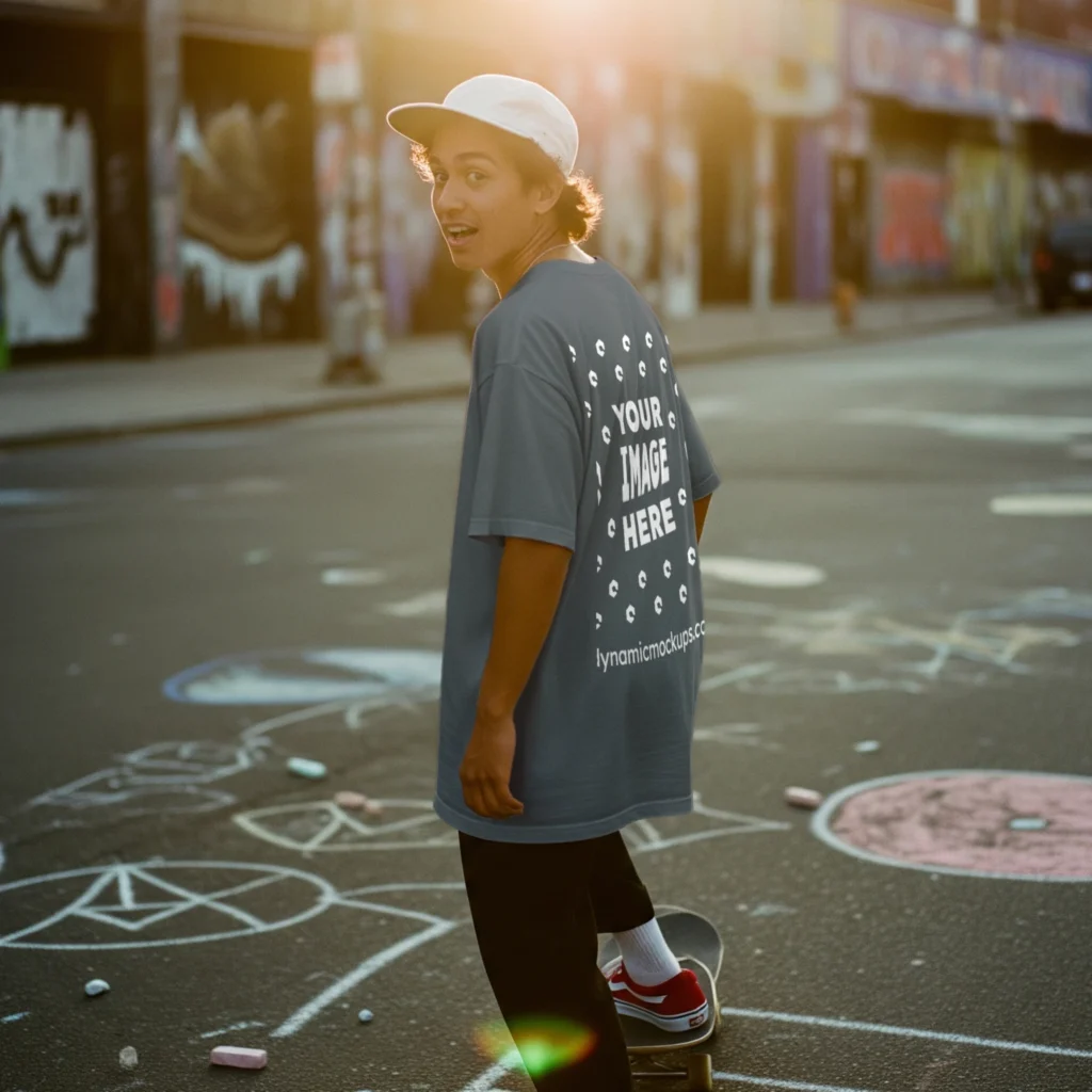Man Wearing Gray T-shirt Mockup Back View Template