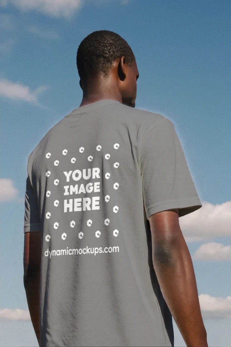 Man Wearing Gray T-shirt Mockup Back View Template