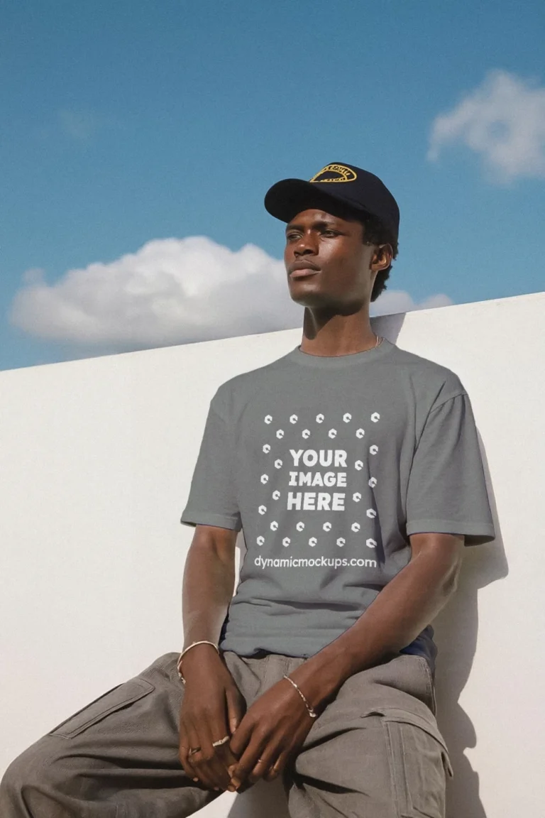 Man Wearing Gray T-shirt Mockup Front View Template