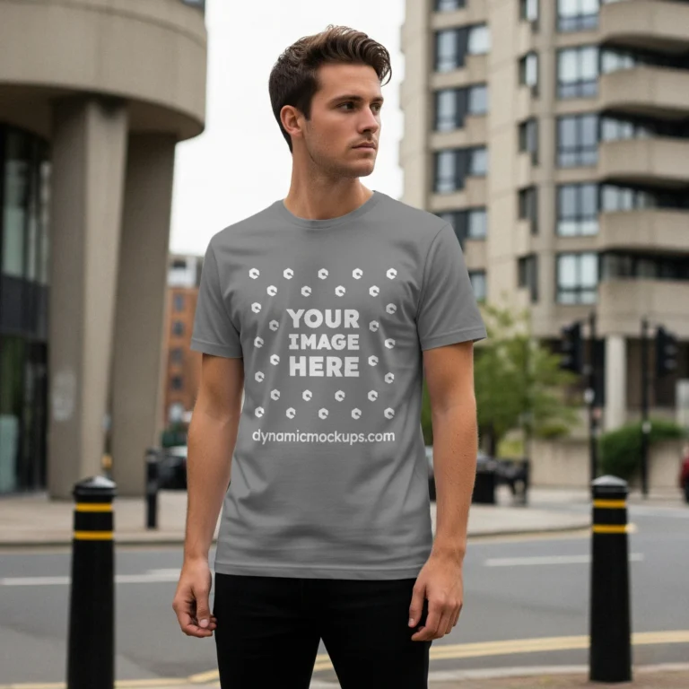 Man Wearing Gray T-shirt Mockup Front View Template