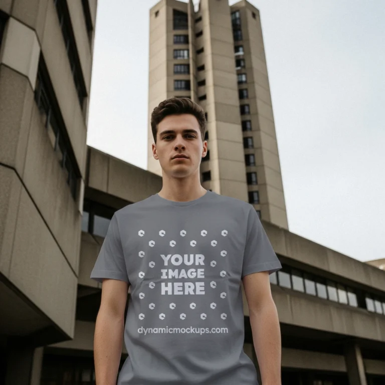 Man Wearing Gray T-shirt Mockup Front View Template