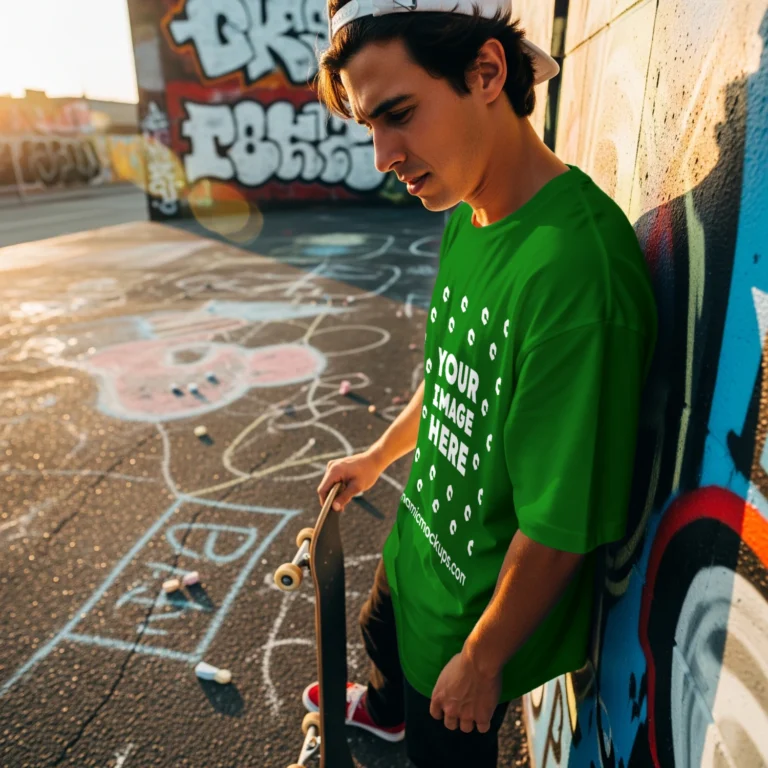 Man Wearing Green T-shirt Mockup Front View Template