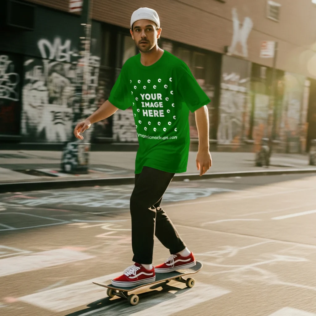Man Wearing Green T-shirt Mockup Front View Template