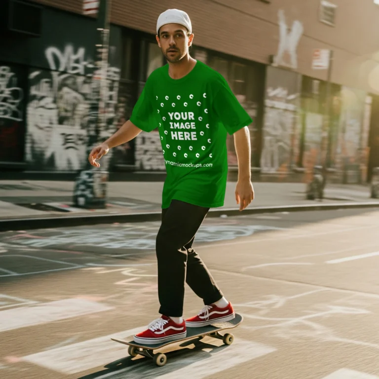 Man Wearing Green T-shirt Mockup Front View Template