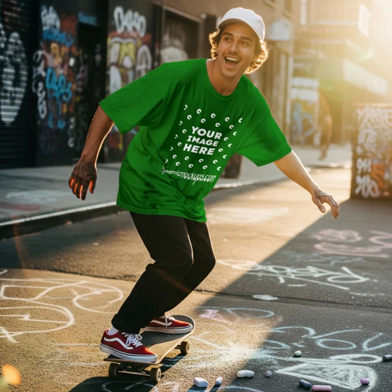 Man Wearing Green T-shirt Mockup Front View Template